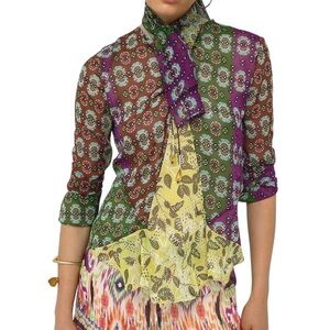 NWT Zara Semi Sheer Chiffon Paisley Printed Tie Neck Beaded Tassel Blouse - S